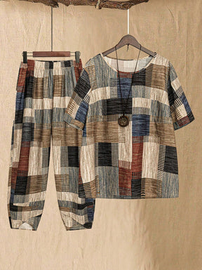 Conjunto feminino com estampa de retalhos Arelis. Plus Size