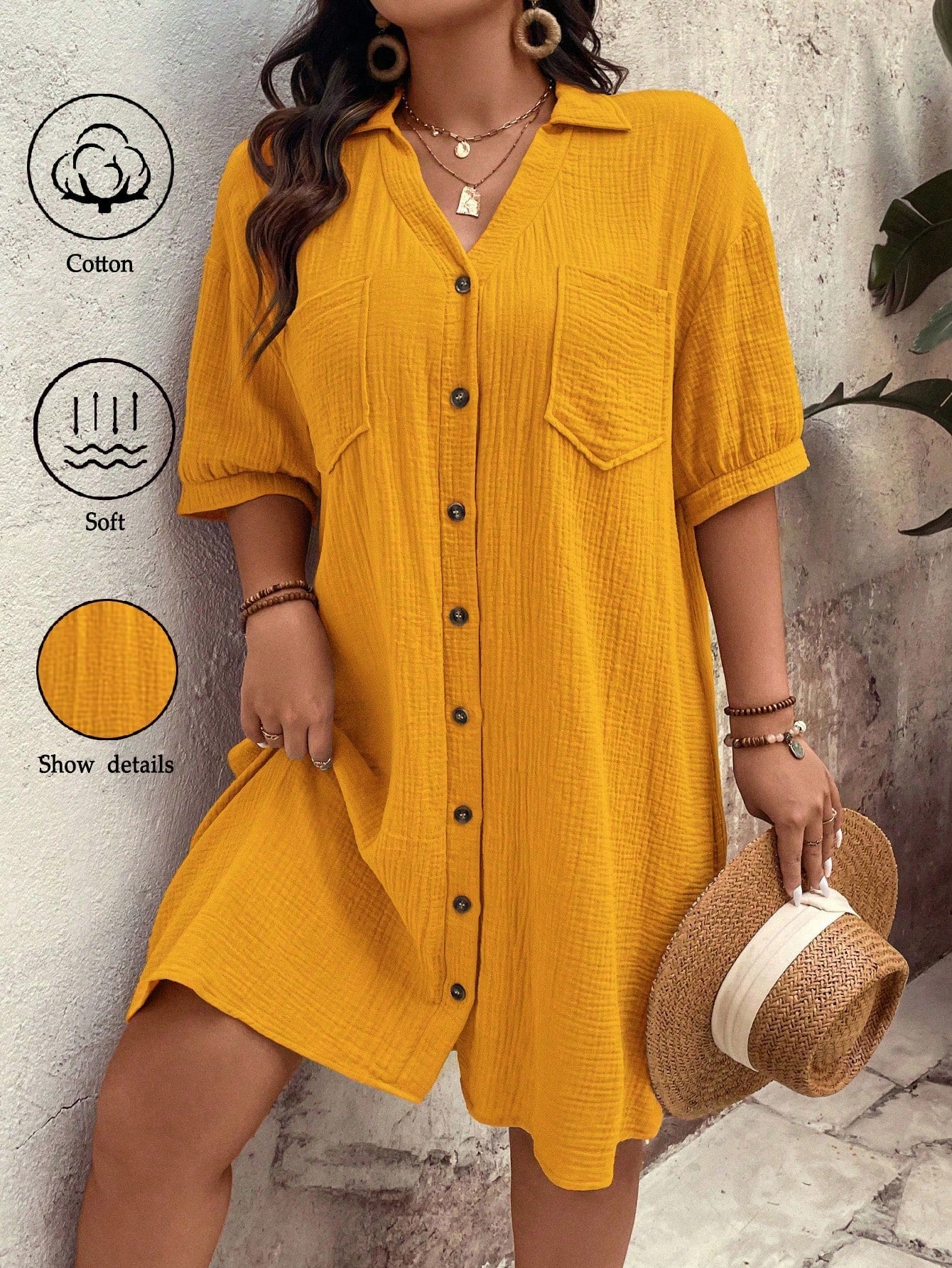 Vestido feminino tipo chamise e tecido de algodão Daniela. Plus Size
