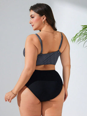 Biquíni Feminino com Top Listrado e Calcinha Cintura Alta - Marianne. Plus Size