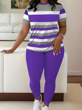 Conjunto feminino com camiseta listrada Kamala. Plus Size