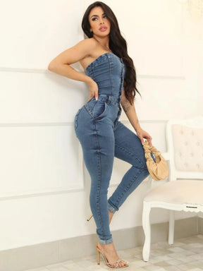 Macacão Jeans Tomara que Caia com Elastano