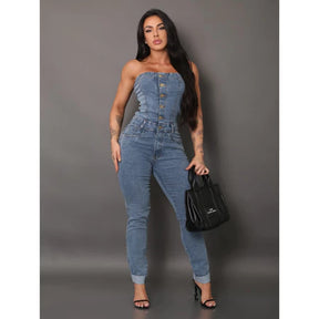 Macacão Jeans Tomara que Caia com Elastano
